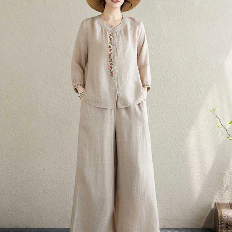 Buddha Stones 2 pezzi cotone ricamo fiori camicia top pantaloni meditazione zen tai chi abbigliamento donna set - Image 18