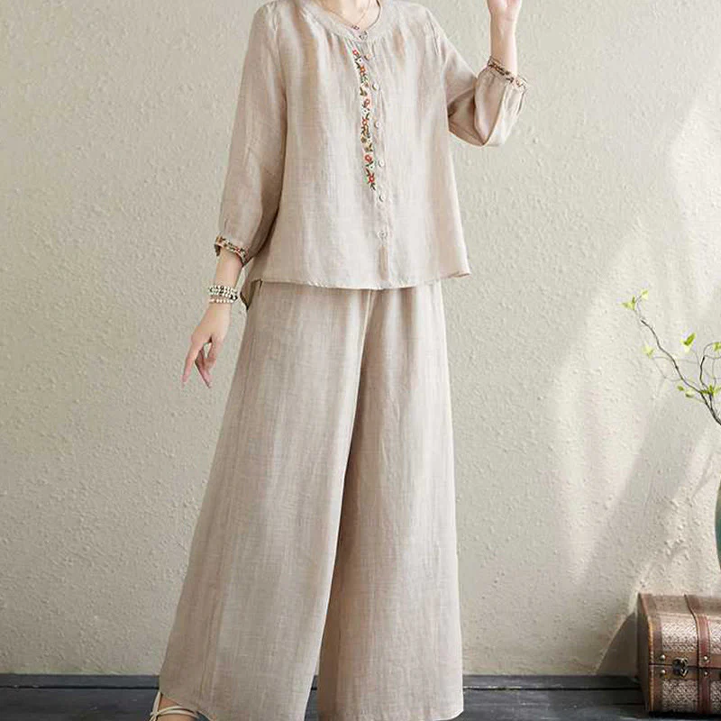 Buddha Stones 2 pezzi cotone ricamo fiori camicia top pantaloni meditazione zen tai chi abbigliamento donna set - Image 19