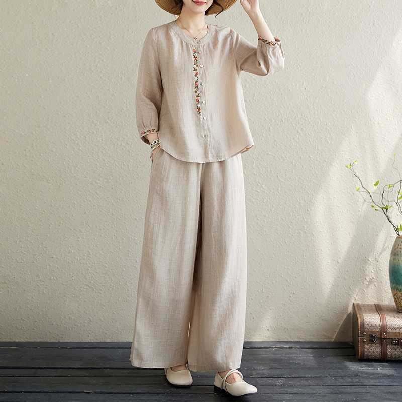 Buddha Stones 2 pezzi cotone ricamo fiori camicia top pantaloni meditazione zen tai chi abbigliamento donna set - Image 20