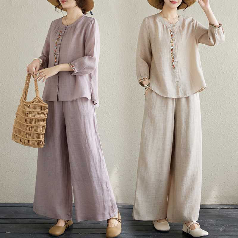 Buddha Stones 2 pezzi cotone ricamo fiori camicia top pantaloni meditazione zen tai chi abbigliamento donna set - Image 27