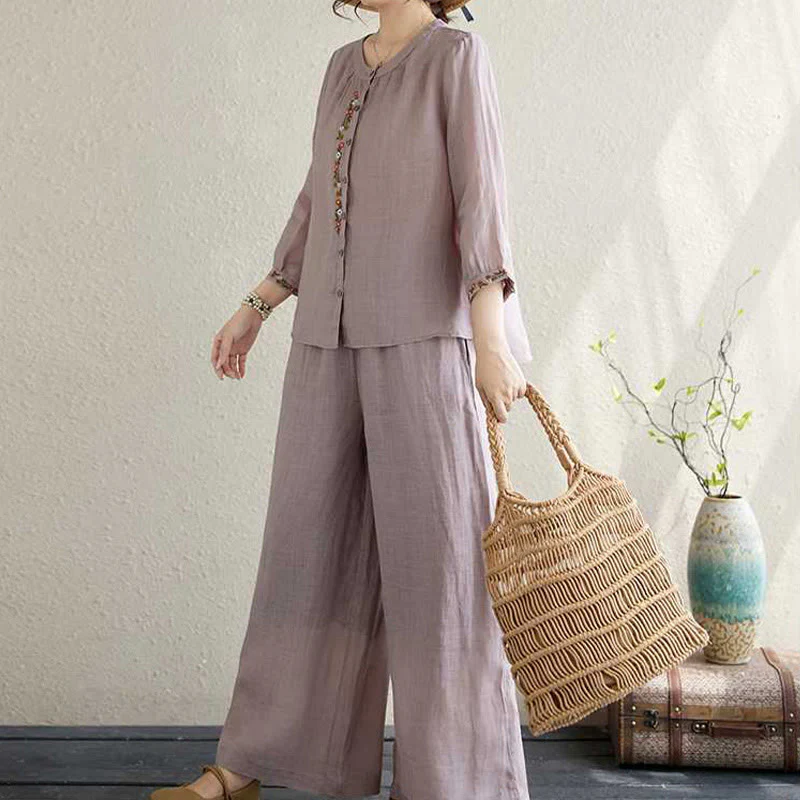 Buddha Stones 2 pezzi cotone ricamo fiori camicia top pantaloni meditazione zen tai chi abbigliamento donna set - Image 3