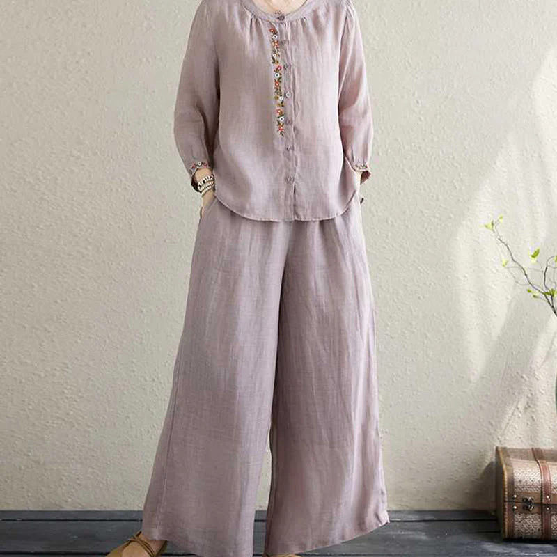 Buddha Stones 2 pezzi cotone ricamo fiori camicia top pantaloni meditazione zen tai chi abbigliamento donna set - Image 4
