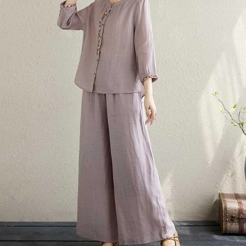 Buddha Stones 2 pezzi cotone ricamo fiori camicia top pantaloni meditazione zen tai chi abbigliamento donna set - Image 5