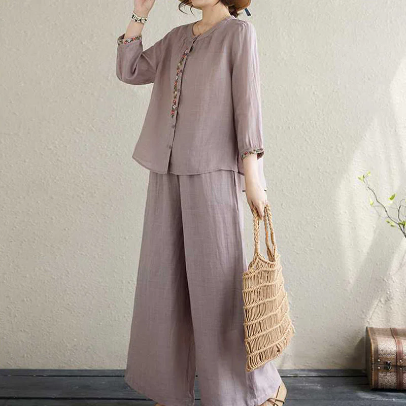 Buddha Stones 2 pezzi cotone ricamo fiori camicia top pantaloni meditazione zen tai chi abbigliamento donna set - Image 6