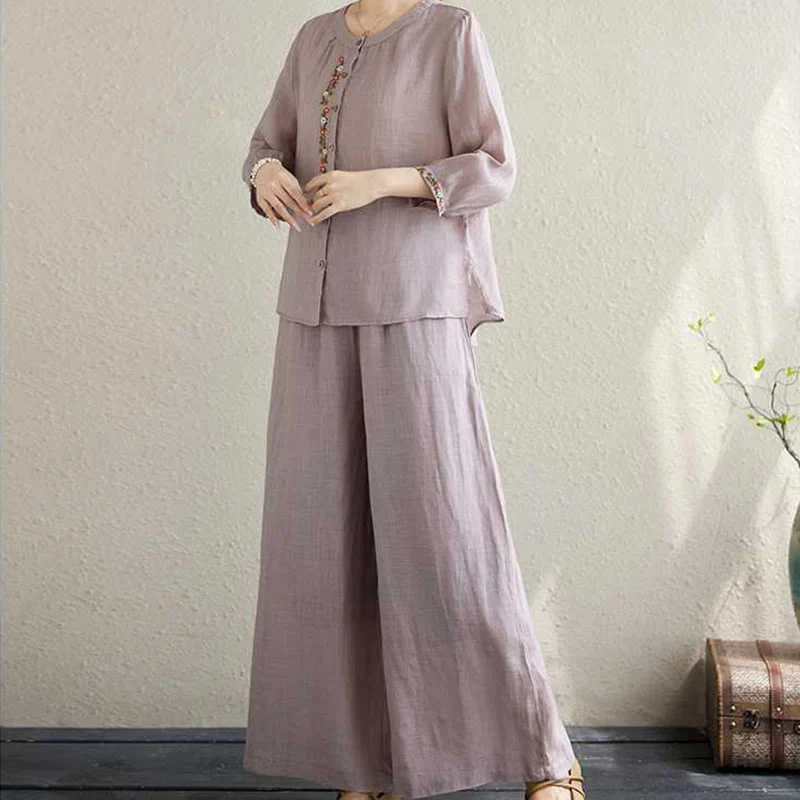 Buddha Stones 2 pezzi cotone ricamo fiori camicia top pantaloni meditazione zen tai chi abbigliamento donna set - Image 7