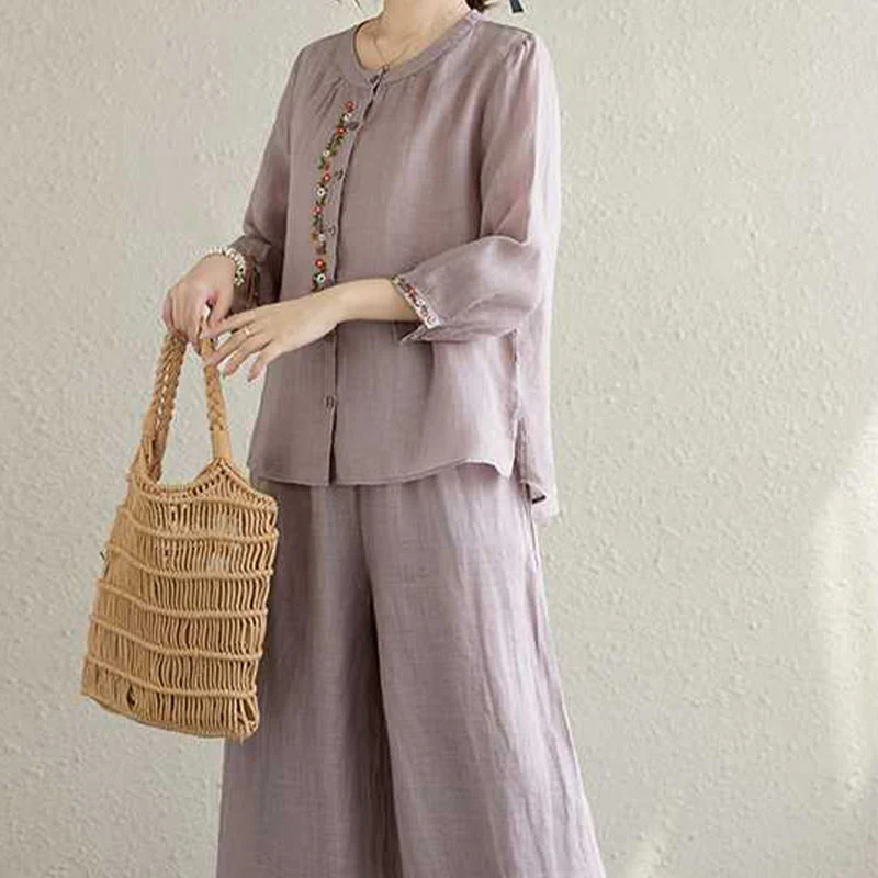 Buddha Stones 2 pezzi cotone ricamo fiori camicia top pantaloni meditazione zen tai chi abbigliamento donna set - Image 8