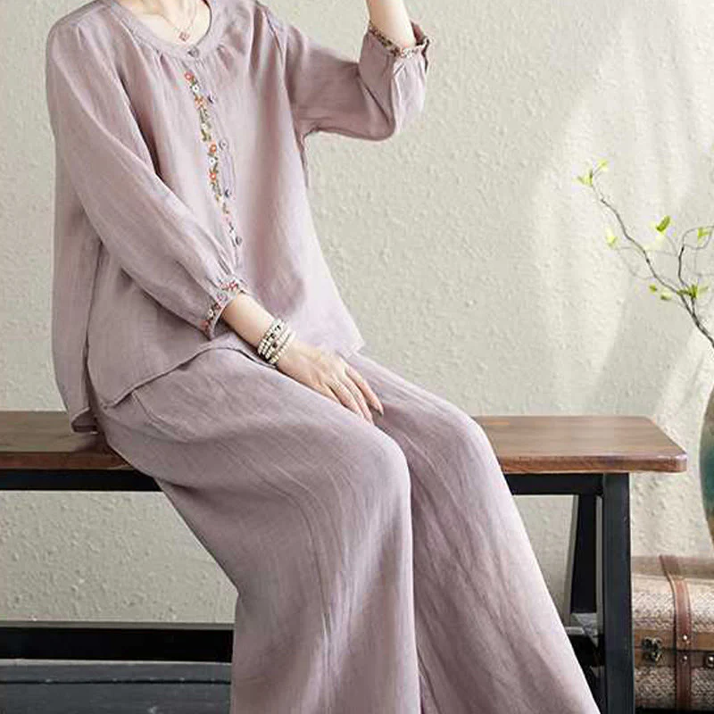 Buddha Stones 2 pezzi cotone ricamo fiori camicia top pantaloni meditazione zen tai chi abbigliamento donna set - Image 9