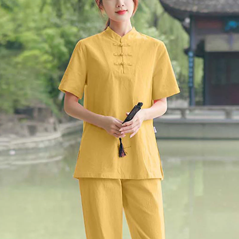Buddha Stones 2 pezzi da donna manica corta maglietta top pantaloni meditazione zen tai chi cotone lino abbigliamento set - Image 10