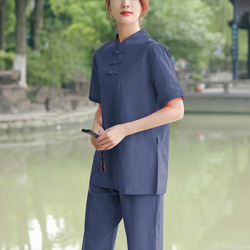 Buddha Stones 2 pezzi da donna manica corta maglietta top pantaloni meditazione zen tai chi cotone lino abbigliamento set - Image 11