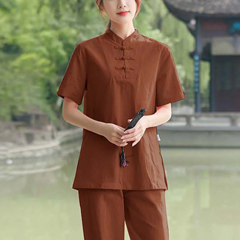 Buddha Stones 2 pezzi da donna manica corta maglietta top pantaloni meditazione zen tai chi cotone lino abbigliamento set - Image 12