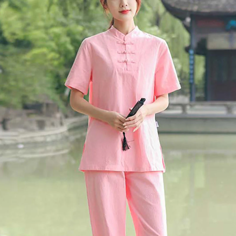 Buddha Stones 2 pezzi da donna manica corta maglietta top pantaloni meditazione zen tai chi cotone lino abbigliamento set - Image 13