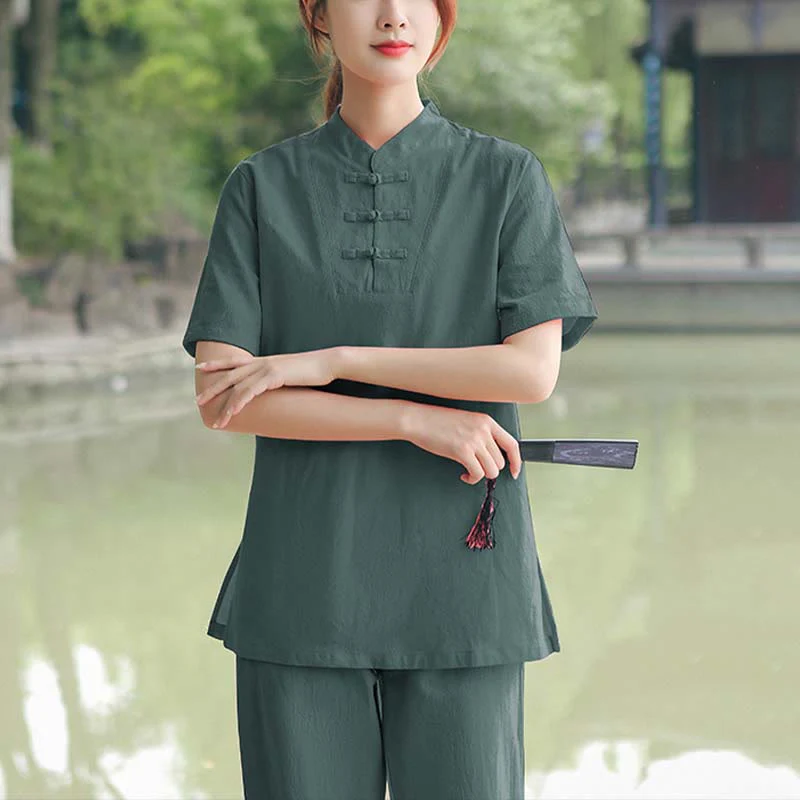 Buddha Stones 2 pezzi da donna manica corta maglietta top pantaloni meditazione zen tai chi cotone lino abbigliamento set - Image 14