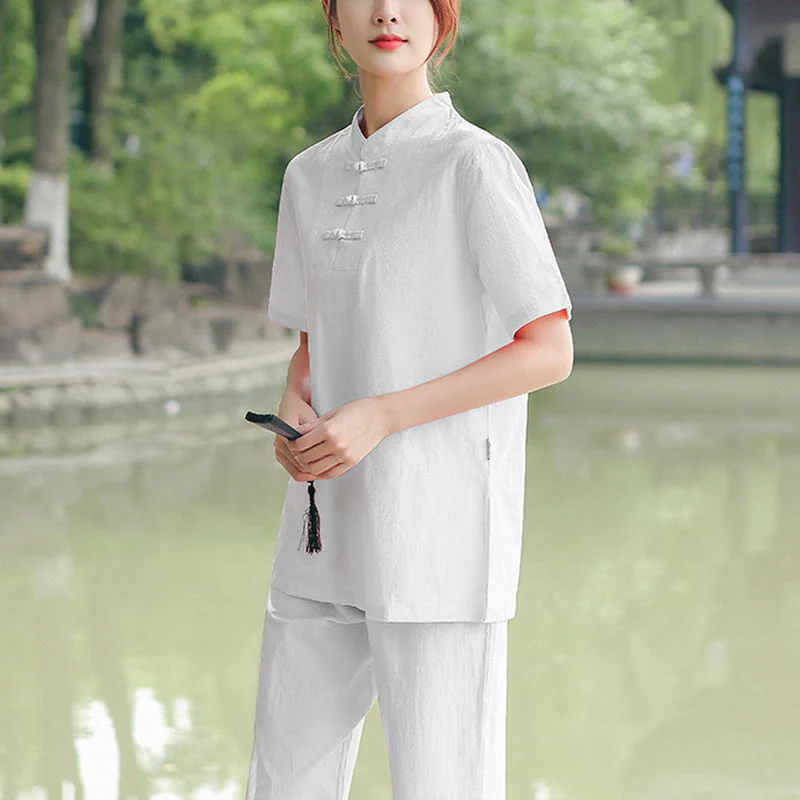 Buddha Stones 2 pezzi da donna manica corta maglietta top pantaloni meditazione zen tai chi cotone lino abbigliamento set - Image 16