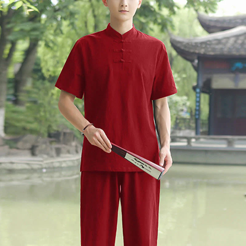 Buddha Stones 2 pezzi da uomo manica corta maglietta top pantaloni meditazione zen tai chi cotone lino abbigliamento set - Image 10