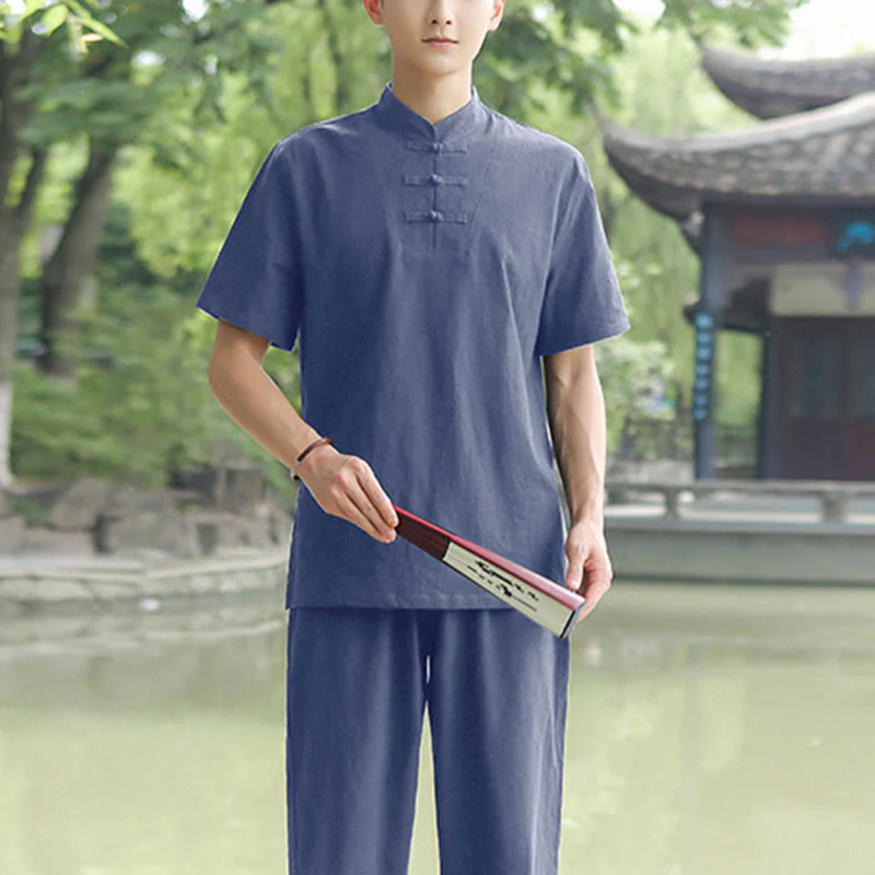 Buddha Stones 2 pezzi da uomo manica corta maglietta top pantaloni meditazione zen tai chi cotone lino abbigliamento set - Image 6