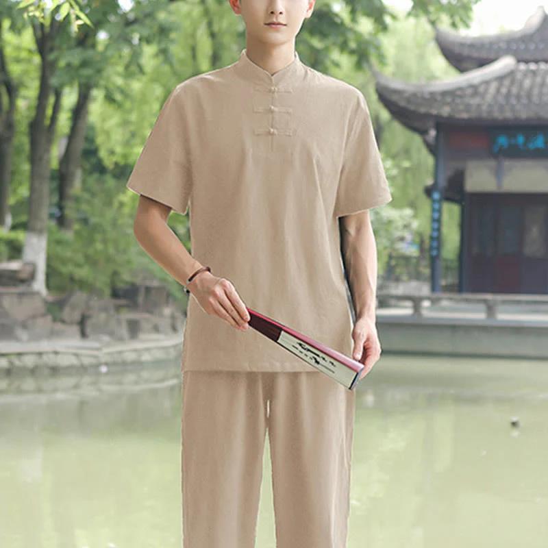Buddha Stones 2 pezzi da uomo manica corta maglietta top pantaloni meditazione zen tai chi cotone lino abbigliamento set - Image 8