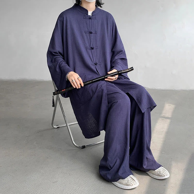 Buddha Stones 2 pezzi da uomo manica lunga rana-bottoni camicia pantaloni meditazione zen cotone abbigliamento set - Image 15