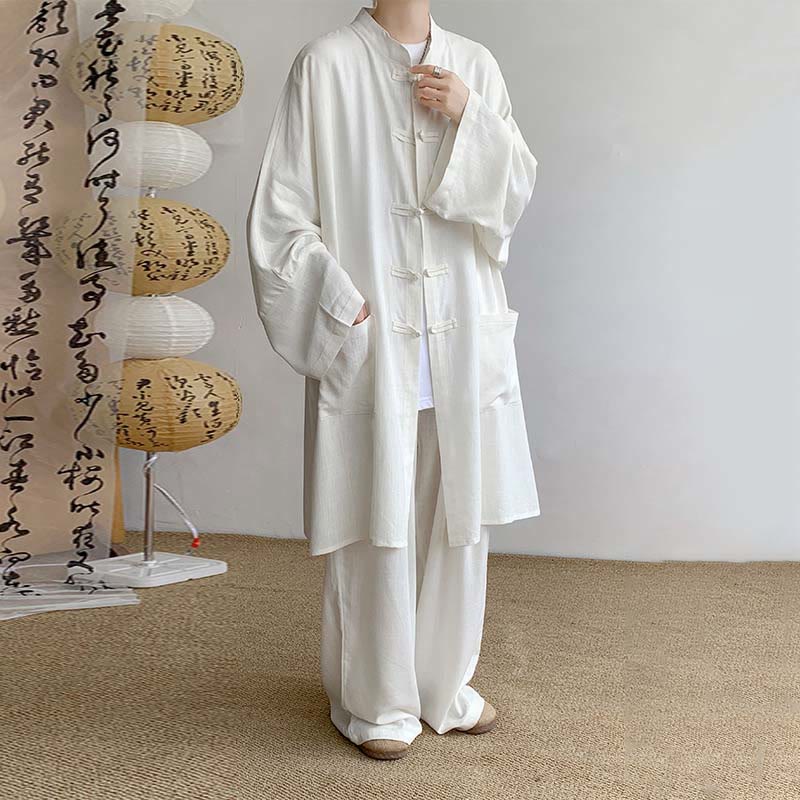 Buddha Stones 2 pezzi da uomo manica lunga rana-bottoni camicia pantaloni meditazione zen cotone abbigliamento set - Image 4