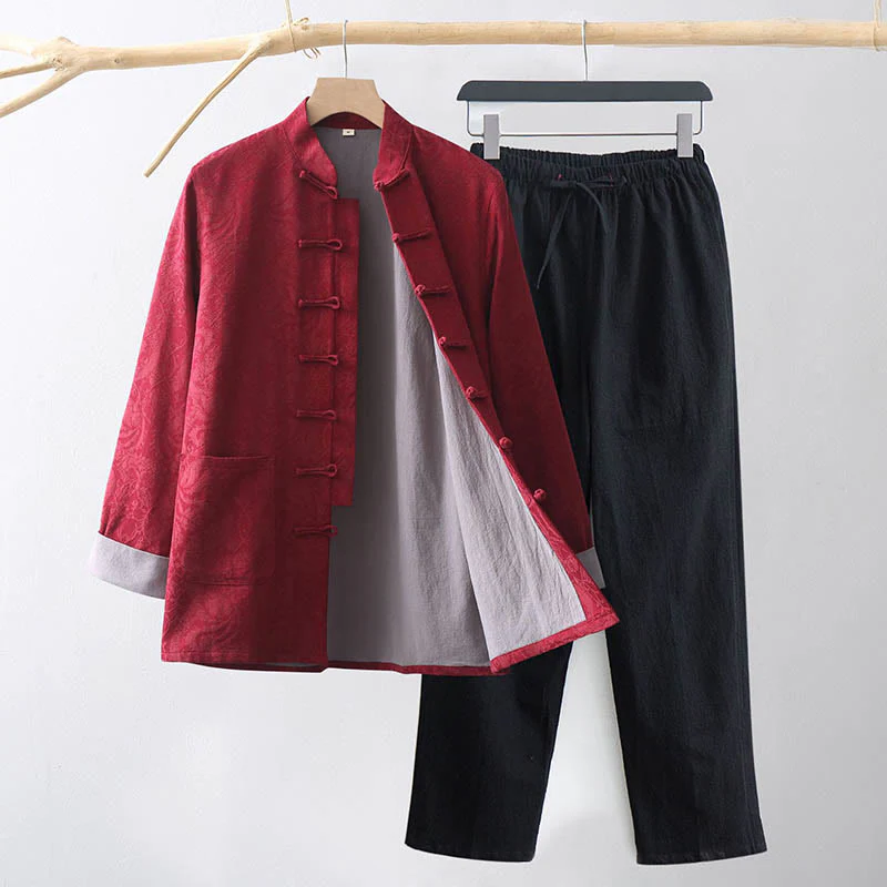 Buddha Stones 2 pezzi da uomo Tang Suit Jacquard Vine Pattern Frog-Bottone in cotone a maniche lunghe Camicia Pantaloni Set - Image 10