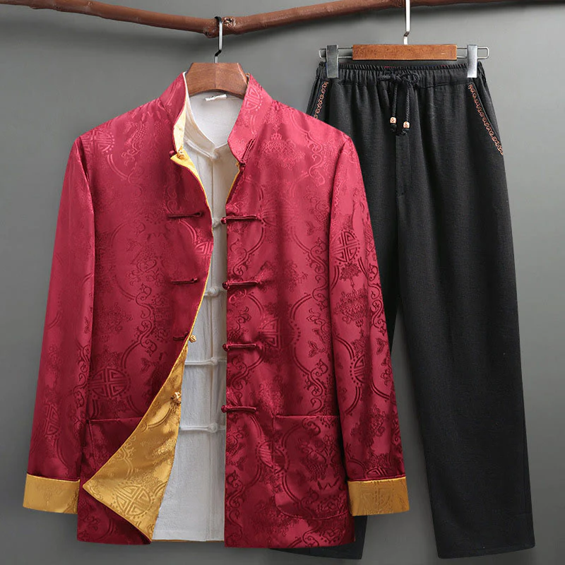 Buddha Stones 2 pezzi da uomo Tang Suit Koi Fish Pattern Frog-Button manica lunga camicia pantaloni set - Image 17