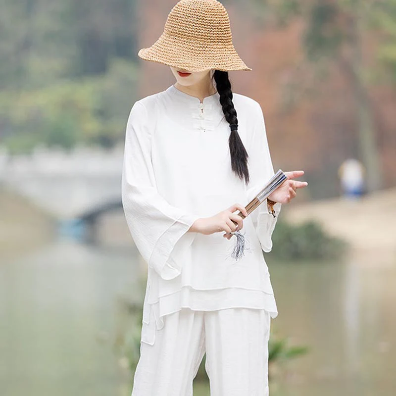 Buddha Stones 2 pezzi design semplice top pantaloni meditazione yoga zen tai chi cotone lino abbigliamento donna set - Image 18