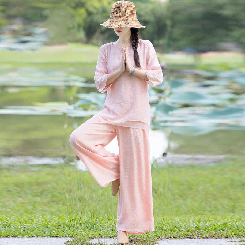 Buddha Stones 2 pezzi design semplice top pantaloni meditazione yoga zen tai chi cotone lino abbigliamento donna set - Image 24