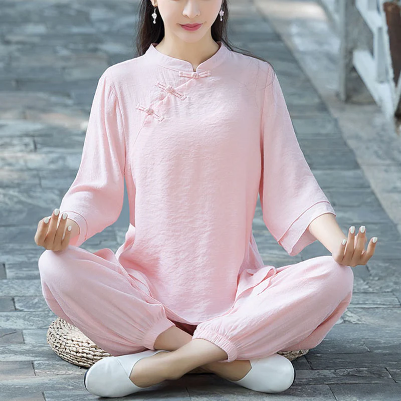 Buddha Stones 2 pezzi design semplice top pantaloni meditazione yoga zen tai chi cotone lino abbigliamento donna set - Image 27