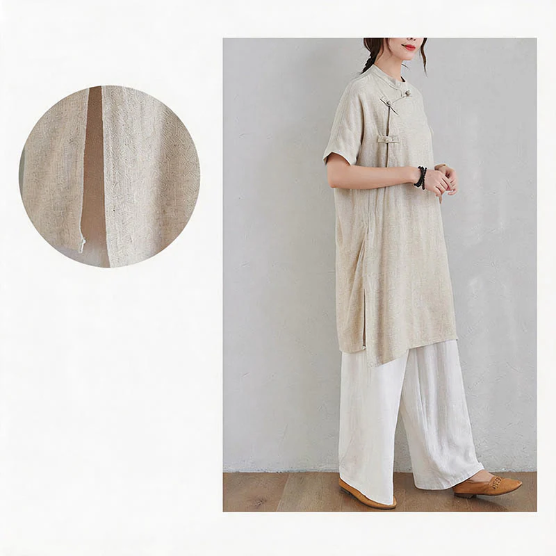 Buddha Stones 2 pezzi design semplice Zen Tai Chi Meditazione Abbigliamento cotone lino Top Pantaloni Set da donna - Image 11