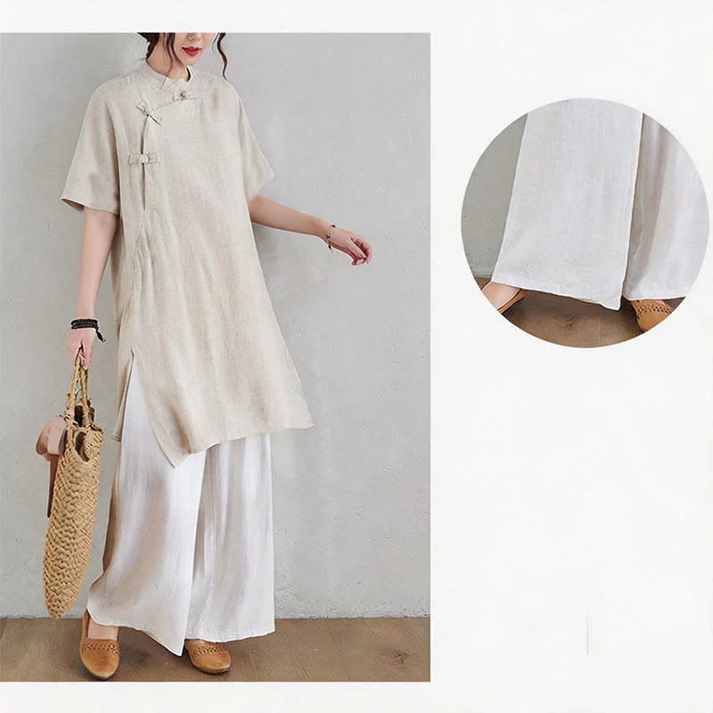 Buddha Stones 2 pezzi design semplice Zen Tai Chi Meditazione Abbigliamento cotone lino Top Pantaloni Set da donna - Image 12