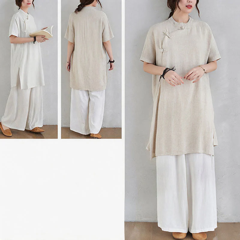 Buddha Stones 2 pezzi design semplice Zen Tai Chi Meditazione Abbigliamento cotone lino Top Pantaloni Set da donna - Image 13