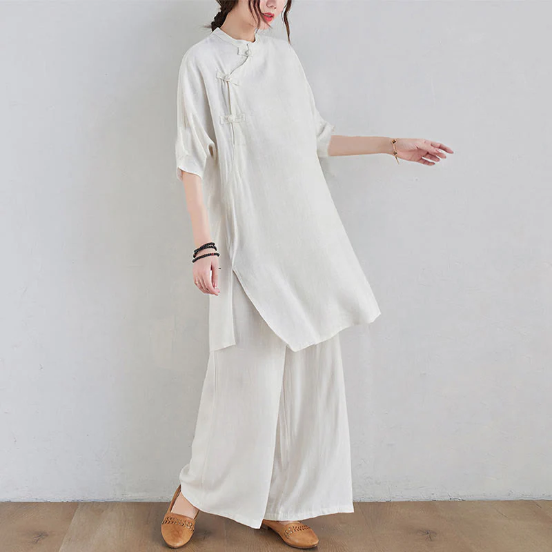 Buddha Stones 2 pezzi design semplice Zen Tai Chi Meditazione Abbigliamento cotone lino Top Pantaloni Set da donna - Image 15