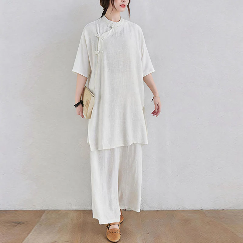 Buddha Stones 2 pezzi design semplice Zen Tai Chi Meditazione Abbigliamento cotone lino Top Pantaloni Set da donna - Image 17