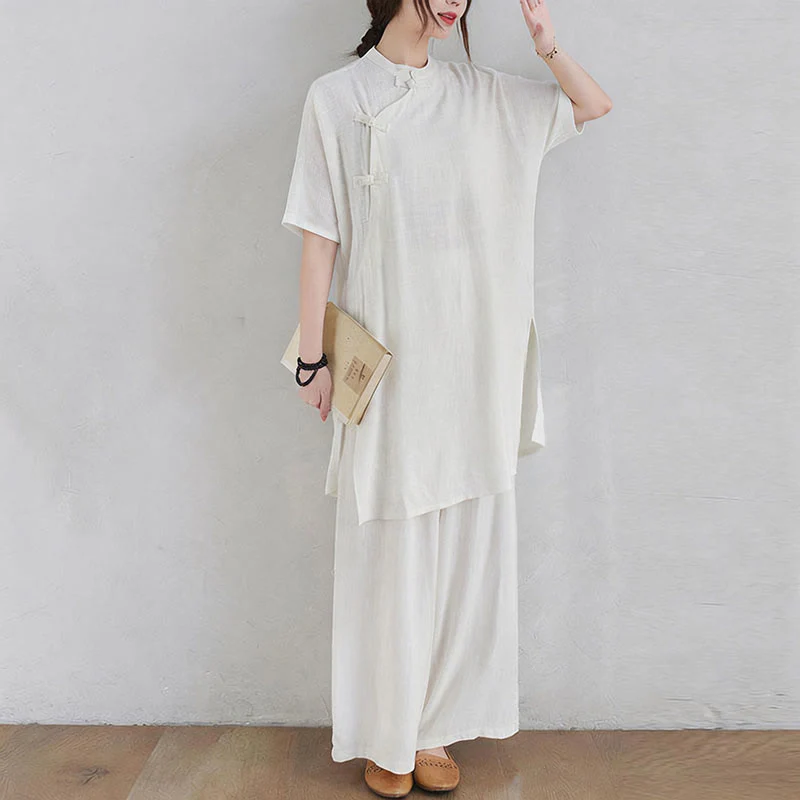 Buddha Stones 2 pezzi design semplice Zen Tai Chi Meditazione Abbigliamento cotone lino Top Pantaloni Set da donna - Image 18