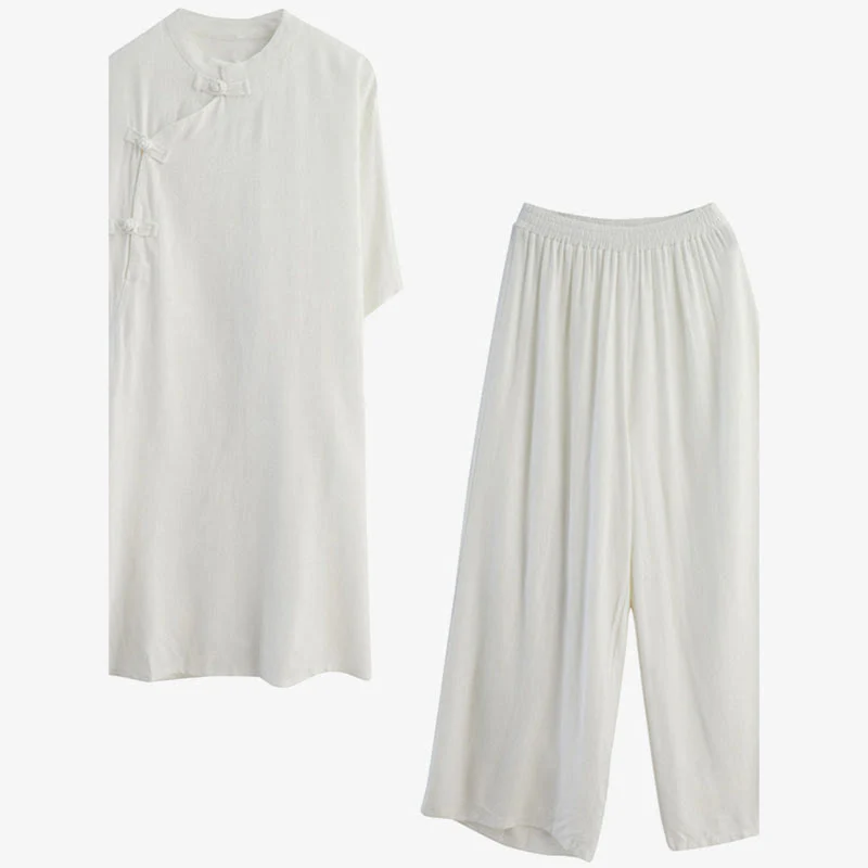 Buddha Stones 2 pezzi design semplice Zen Tai Chi Meditazione Abbigliamento cotone lino Top Pantaloni Set da donna - Image 19