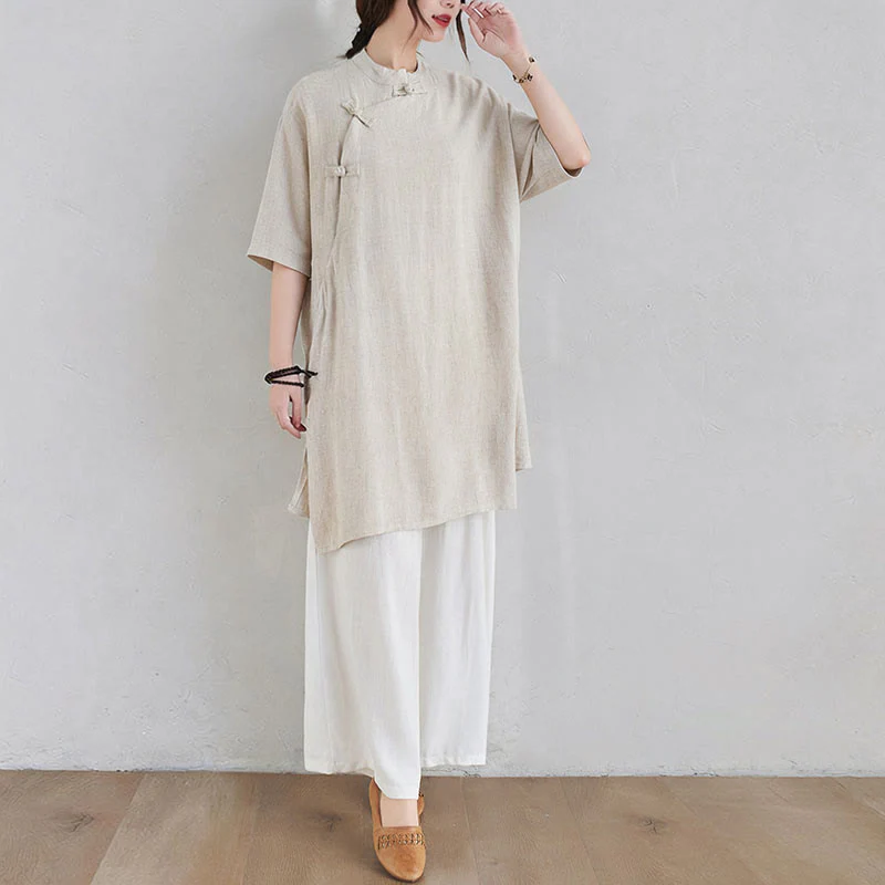 Buddha Stones 2 pezzi design semplice Zen Tai Chi Meditazione Abbigliamento cotone lino Top Pantaloni Set da donna - Image 4