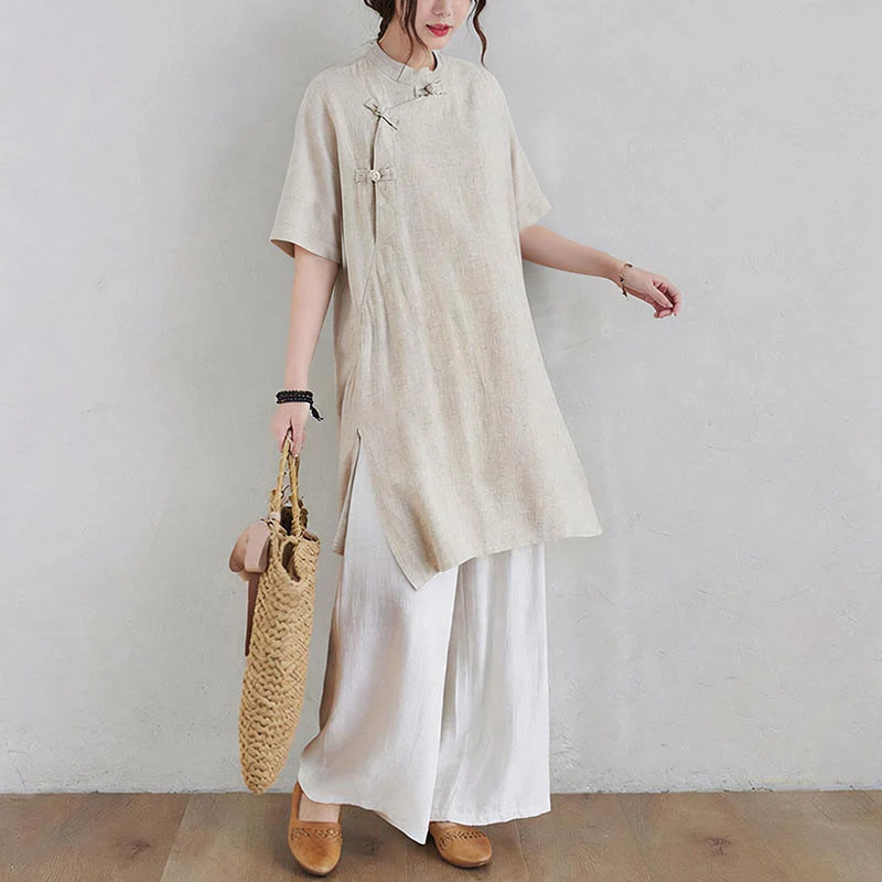 Buddha Stones 2 pezzi design semplice Zen Tai Chi Meditazione Abbigliamento cotone lino Top Pantaloni Set da donna - Image 7