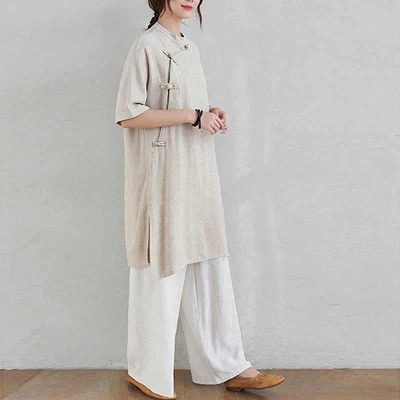 Buddha Stones 2 pezzi design semplice Zen Tai Chi Meditazione Abbigliamento cotone lino Top Pantaloni Set da donna - Image 8