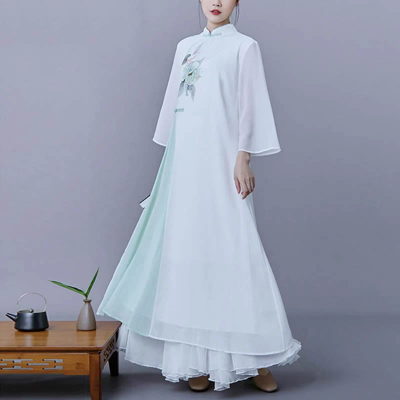 Buddha Stones 2 pezzi fiore manica tre quarti midi abito gonna chiffon Zen abbigliamento donna set - Image 3
