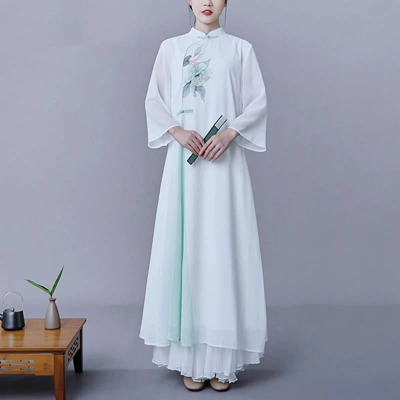 Buddha Stones 2 pezzi fiore manica tre quarti midi abito gonna chiffon Zen abbigliamento donna set - Image 4