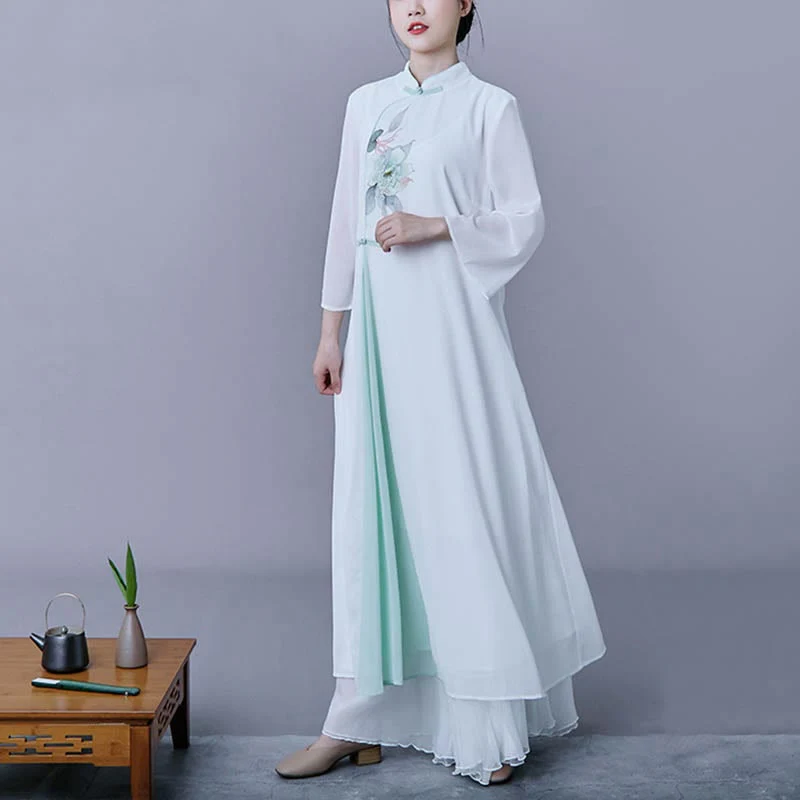 Buddha Stones 2 pezzi fiore manica tre quarti midi abito gonna chiffon Zen abbigliamento donna set - Image 5