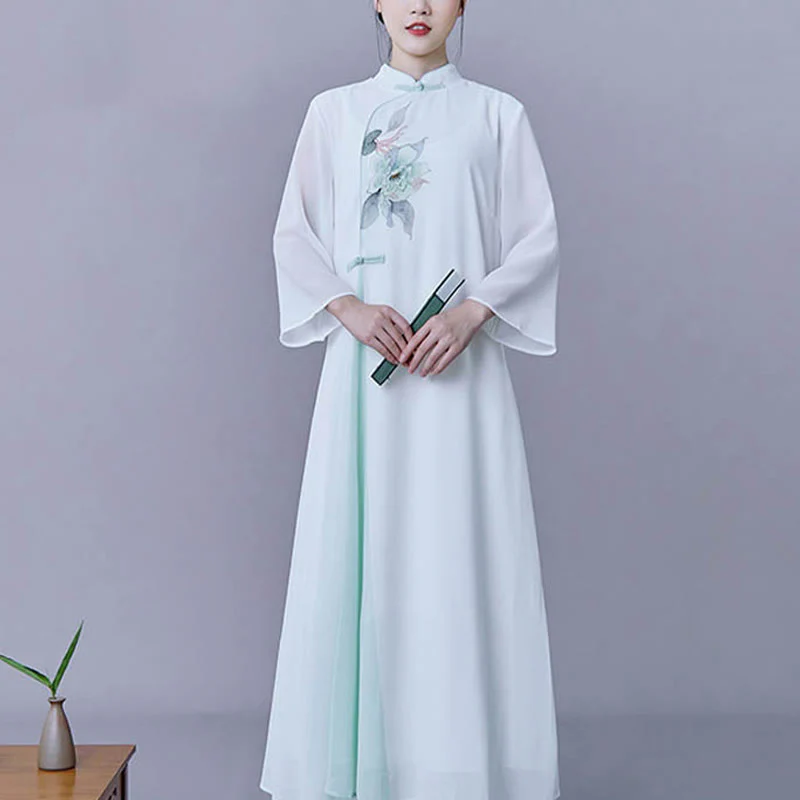 Buddha Stones 2 pezzi fiore manica tre quarti midi abito gonna chiffon Zen abbigliamento donna set - Image 6
