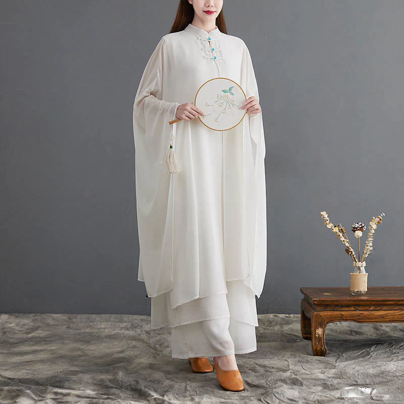 Buddha Stones 2 pezzi Frog-Bottone Manica lunga Midi Dress Pantaloni gamba larga Chiffon Zen Set da donna - Image 2