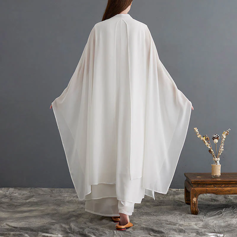 Buddha Stones 2 pezzi Frog-Bottone Manica lunga Midi Dress Pantaloni gamba larga Chiffon Zen Set da donna - Image 3