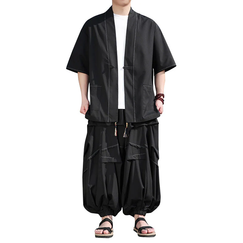 Buddha Stones 2 pezzi giacca kimono da uomo in cotone con bottoni a rana neri, pantaloni larghi con coulisse e tasche - Image 6