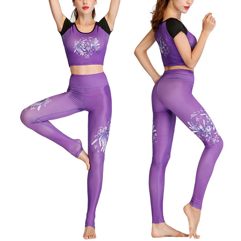 Buddha Stones 2 pezzi Lotus Phoenix fiori primaverili pavone stampa top pantaloni sport fitness yoga donne yoga set - Image 11