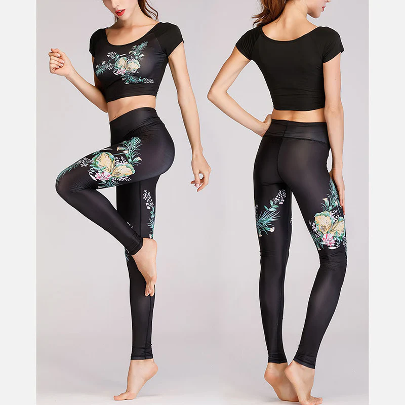 Buddha Stones 2 pezzi Lotus Phoenix fiori primaverili pavone stampa top pantaloni sport fitness yoga donne yoga set - Image 13