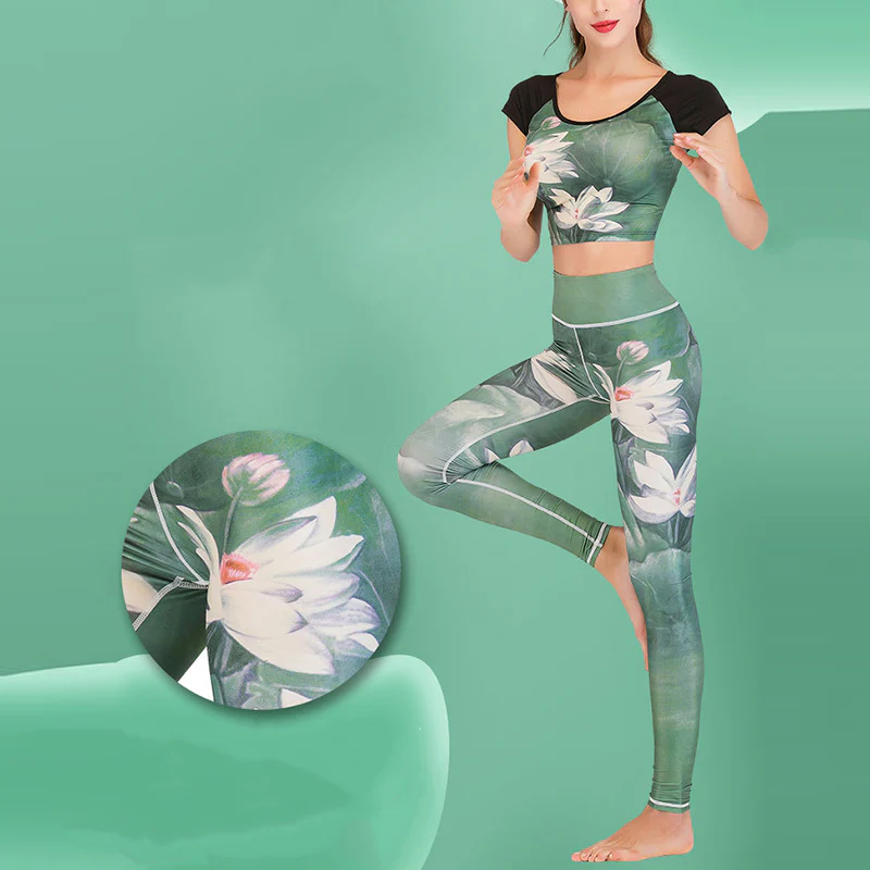 Buddha Stones 2 pezzi Lotus Phoenix fiori primaverili pavone stampa top pantaloni sport fitness yoga donne yoga set - Image 3