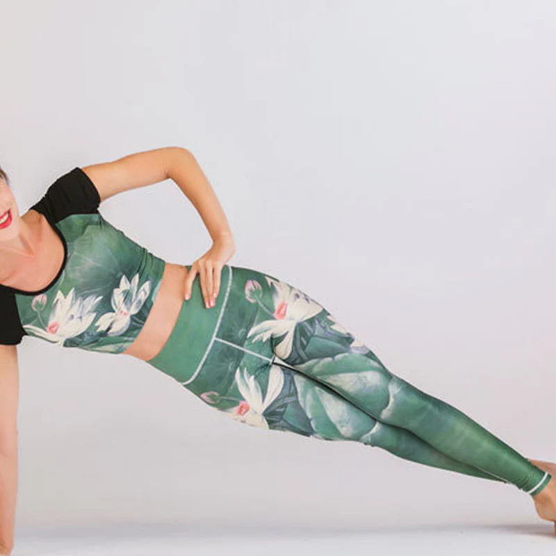 Buddha Stones 2 pezzi Lotus Phoenix fiori primaverili pavone stampa top pantaloni sport fitness yoga donne yoga set - Image 4
