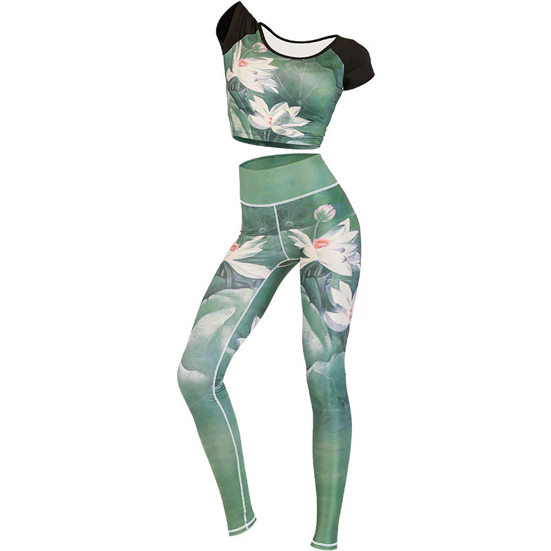 Buddha Stones 2 pezzi Lotus Phoenix fiori primaverili pavone stampa top pantaloni sport fitness yoga donne yoga set - Image 5