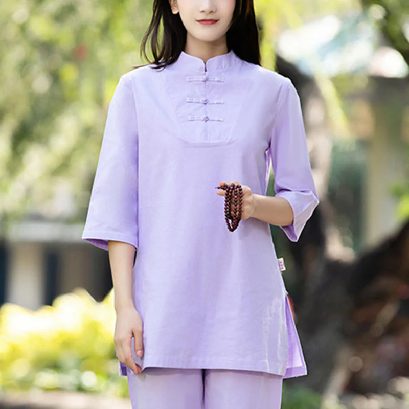 Buddha Stones 2 pezzi mezza manica camicia top pantaloni meditazione zen tai chi cotone lino abbigliamento donna set - Image 11